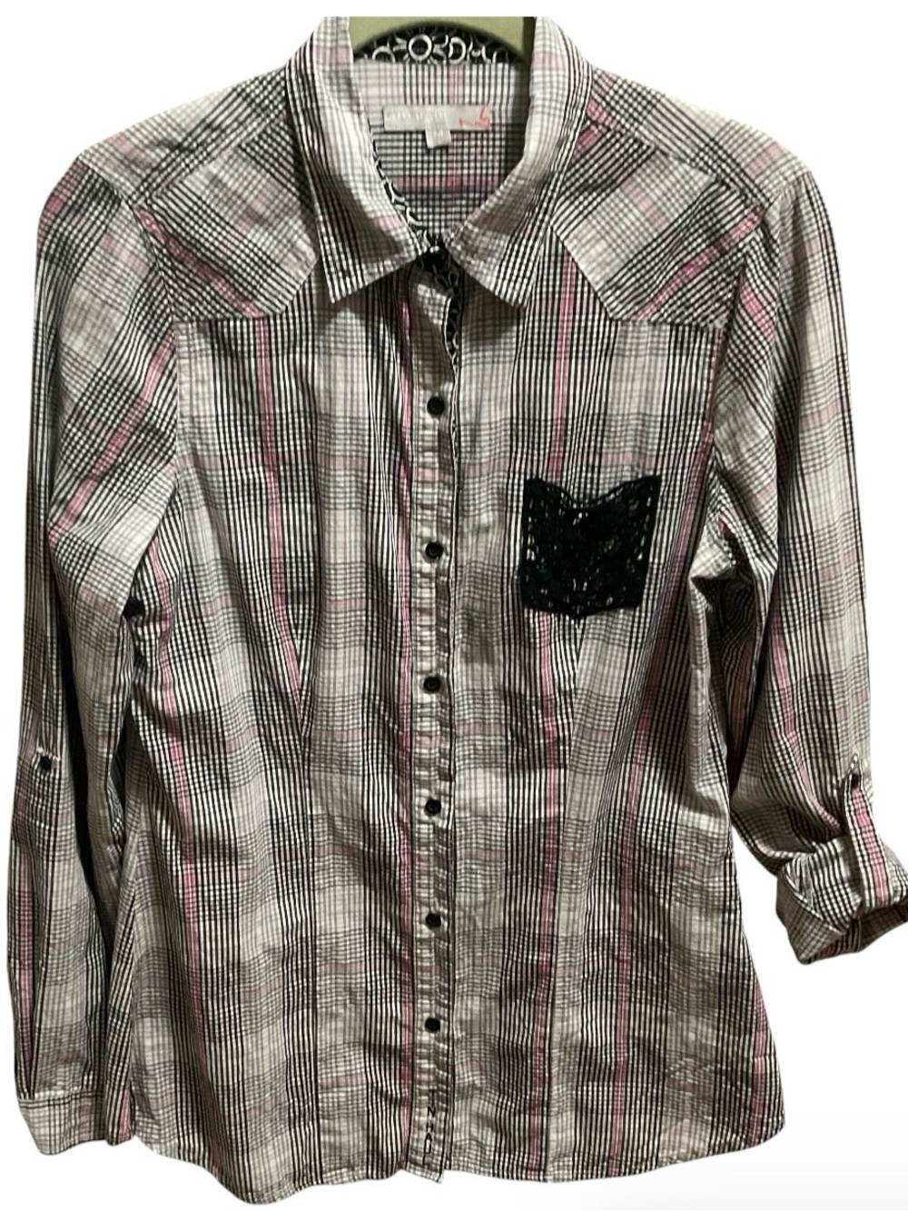 Tin Haul Plaid Shirt with Lace Pocket ladies M roll tab sleeves